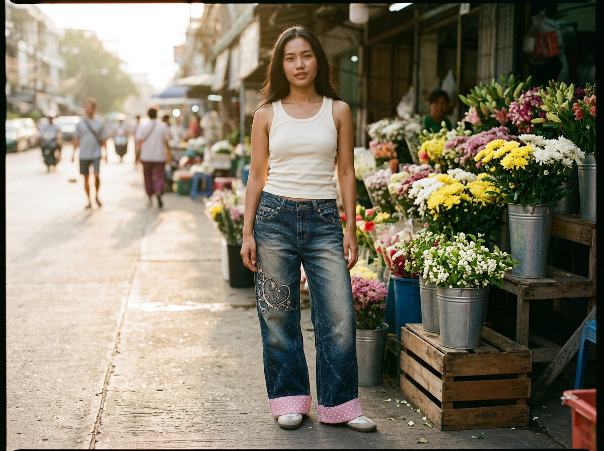 A young woman in Ivoryshores Daydream baggy jeans beside a street-side flower stall