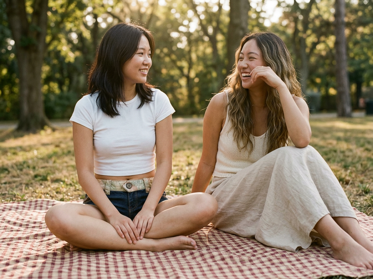 Two friends in Ivoryshores low-rise shorts sitting on the grass in a summer park