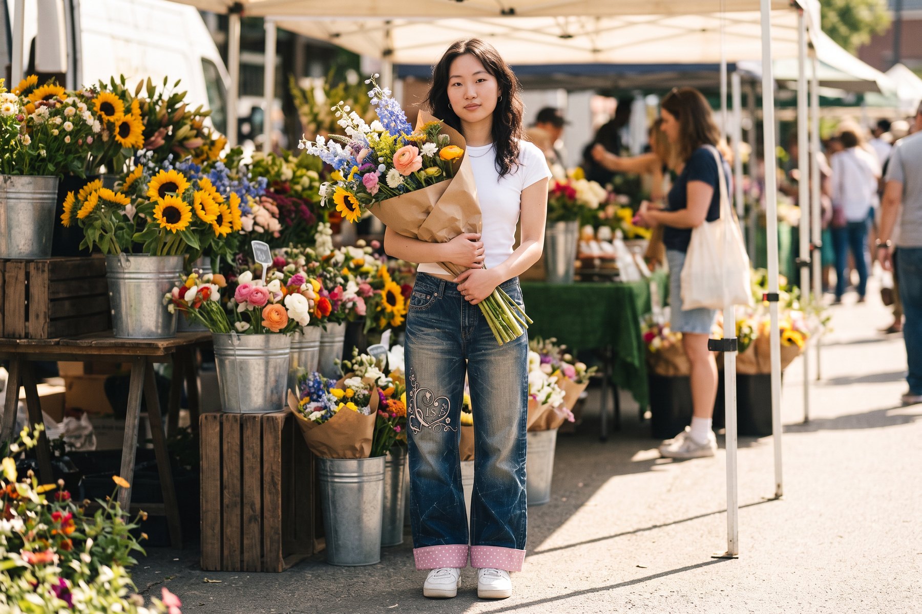 A young woman in Ivoryshores Daydream baggy jeans beside a street-side flower stall